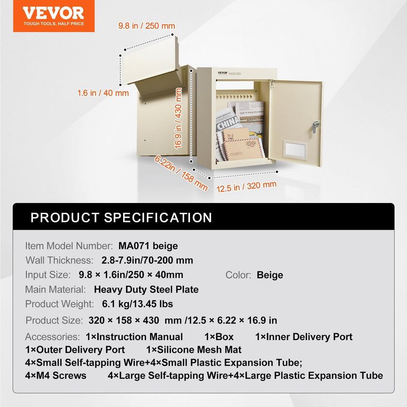 VEVOR Through The Wall Drop Box, Heavy Duty Steel Through the Wall Mailbox with 2.8-7.9
