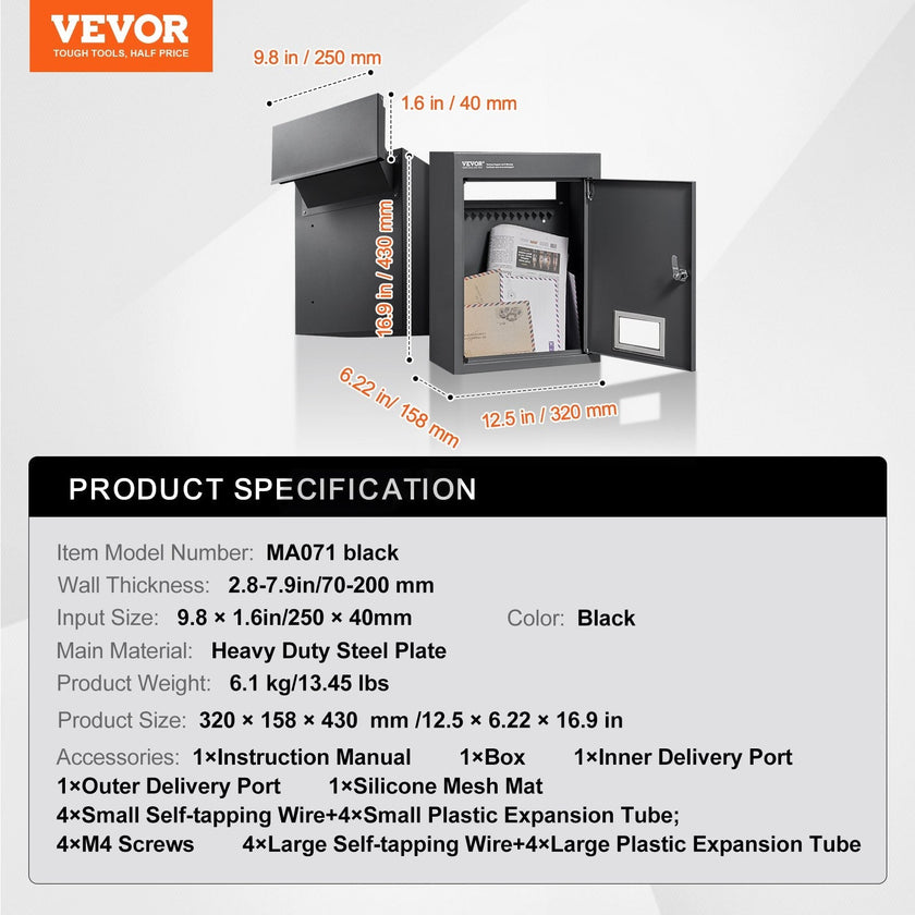 VEVOR Through The Wall Drop Box, Heavy Duty Steel Through the Wall Mailbox with 2.8-7.9