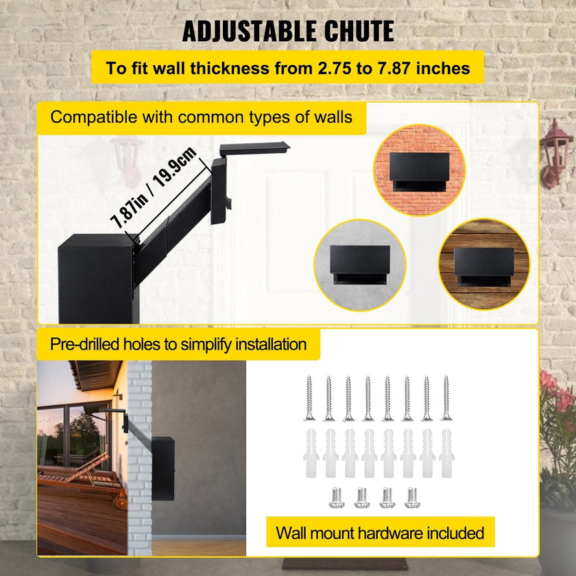 Vevor Through-the-wall Mailbox Letter Drop Box Adjustable Chute Rainproof Black