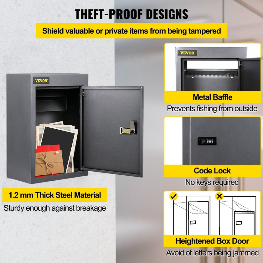 Vevor Through-the-wall Mailbox Letter Drop Box W/adjustable Chute&code Lock Grey