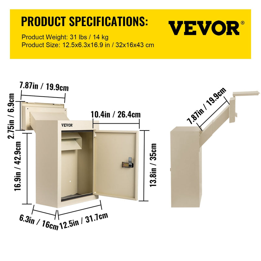 Vevor Through-the-wall Mailbox Letter Drop Box Adjustable Chute Rainproof Beige