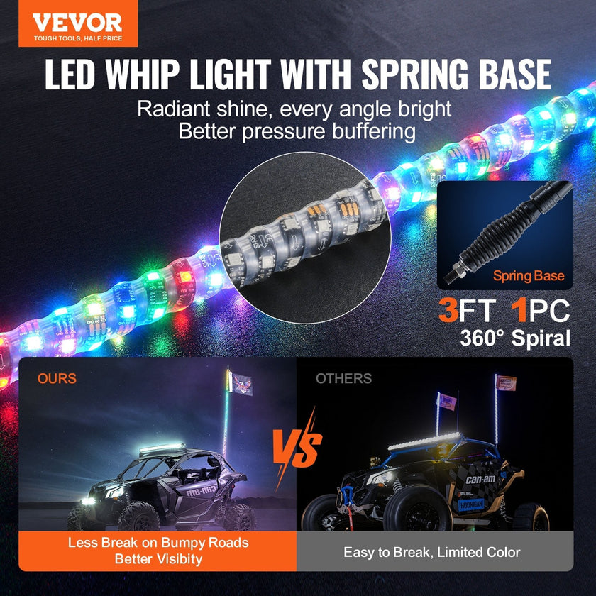 VEVOR 1 PC 3 FT Whip Light with Spring Base, Led Whip Light with APP & Remote Control, Waterproof 360° Spiral RGB Chasing Lighted Whip with 2 Flags, for UTVs, ATVs, Motorcycles, RZR, Can-am, Go-karts