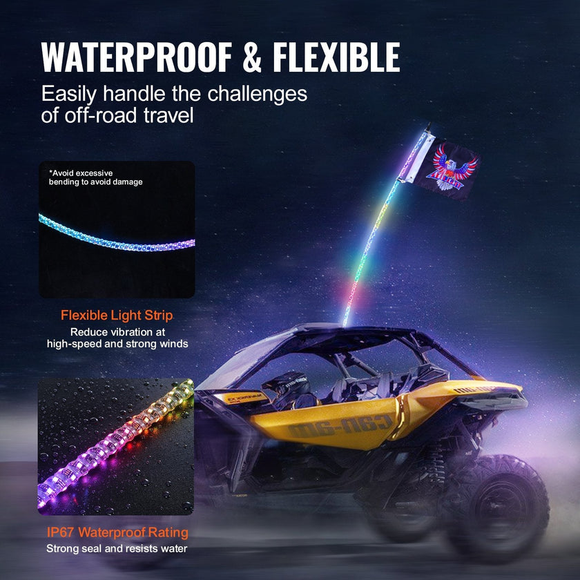 VEVOR 1 PC 3 FT Whip Light with Spring Base, Led Whip Light with APP & Remote Control, Waterproof 360° Spiral RGB Chasing Lighted Whip with 2 Flags, for UTVs, ATVs, Motorcycles, RZR, Can-am, Go-karts