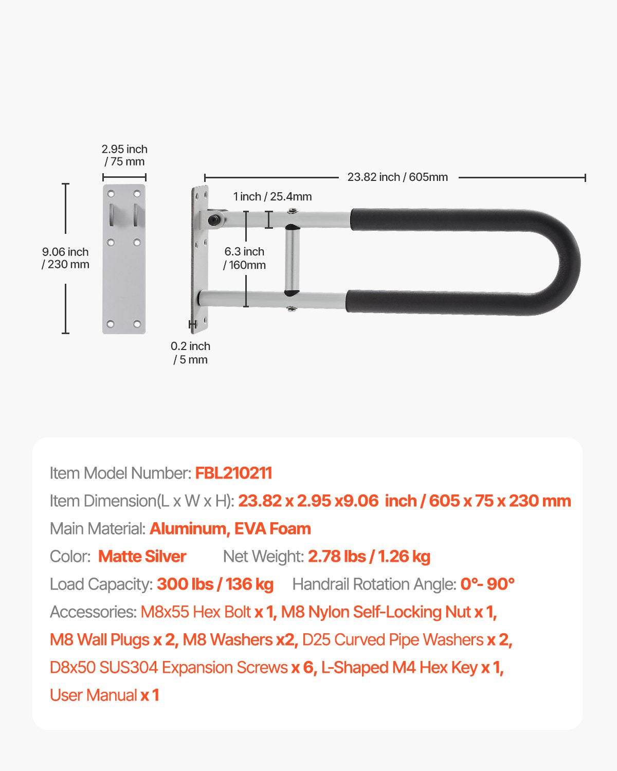 VEVOR Folding Toilet Safety Rail 23.8 In 300 Lbs Load Capacity Handicap Grab Bar