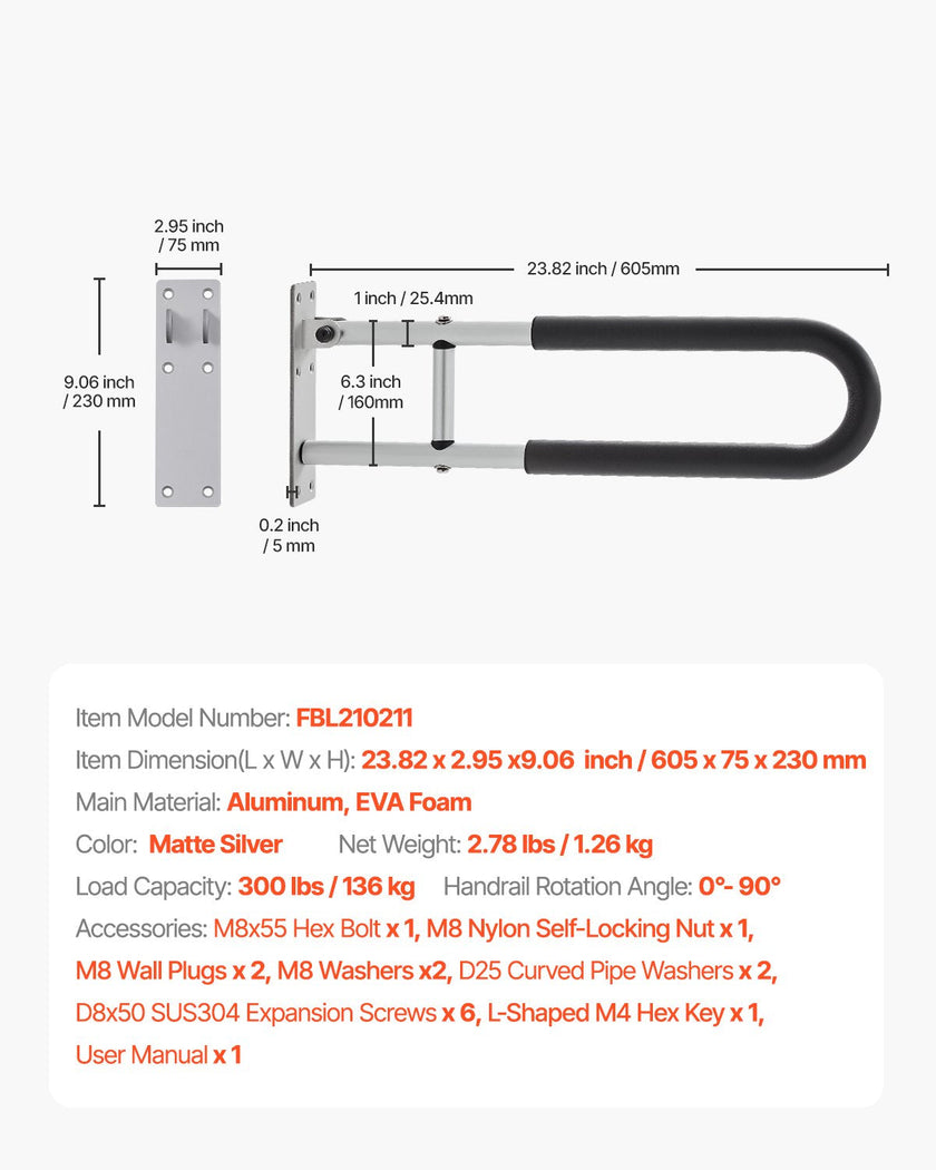 VEVOR Folding Toilet Safety Rail 23.8 In 300 Lbs Load Capacity Handicap Grab Bar