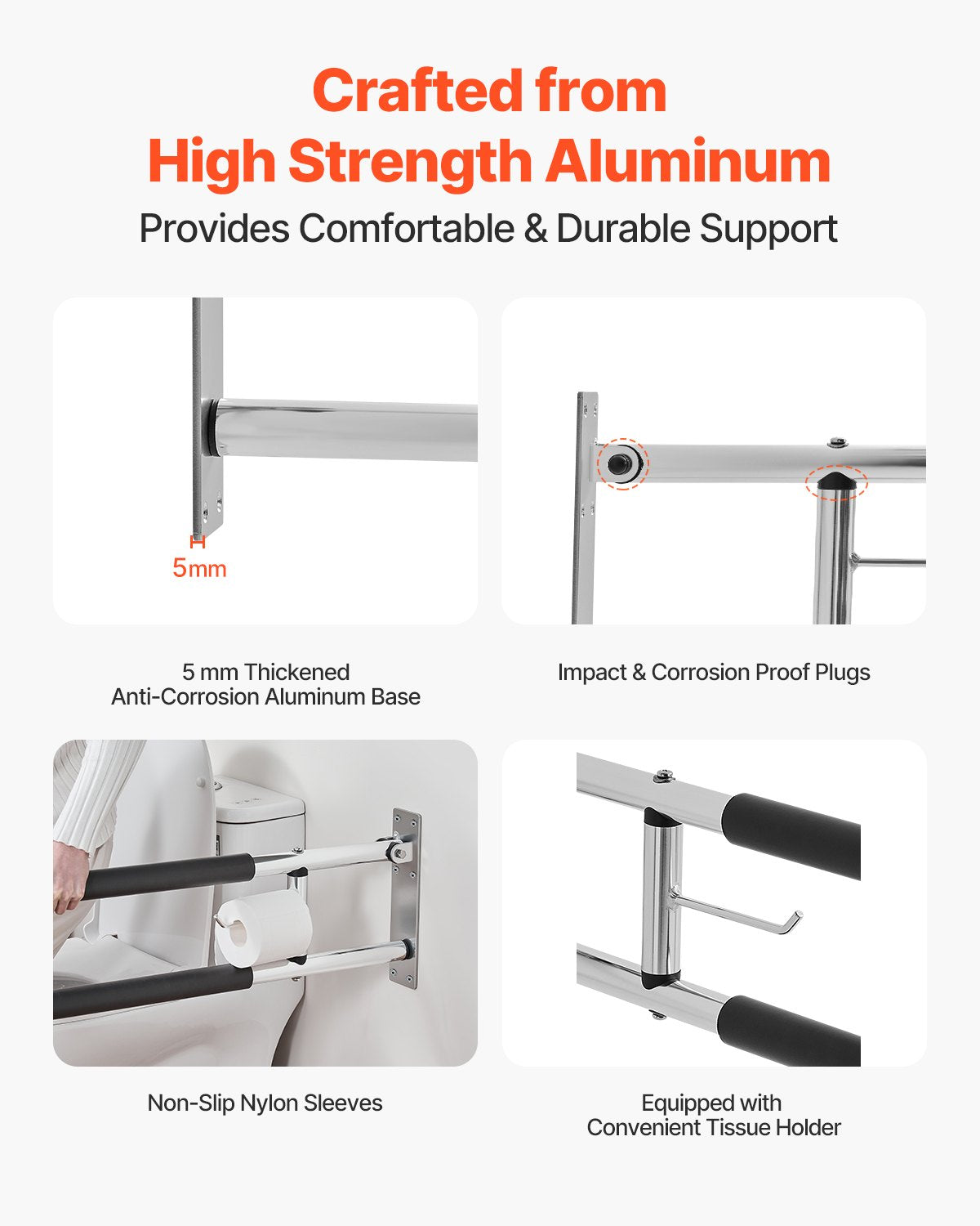 VEVOR Folding Toilet Safety Rail 30 In 300 Lbs Load Capacity with Paper Holder