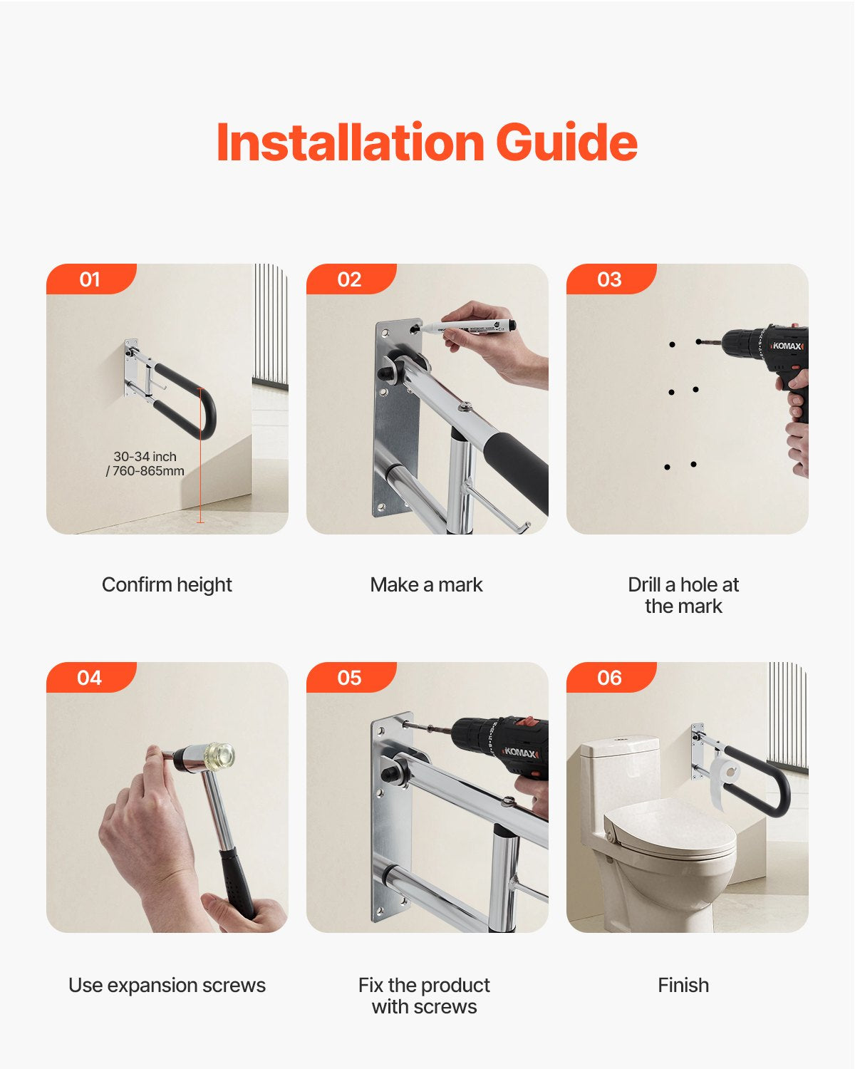 VEVOR Folding Toilet Safety Rail 30 In 300 Lbs Load Capacity with Paper Holder