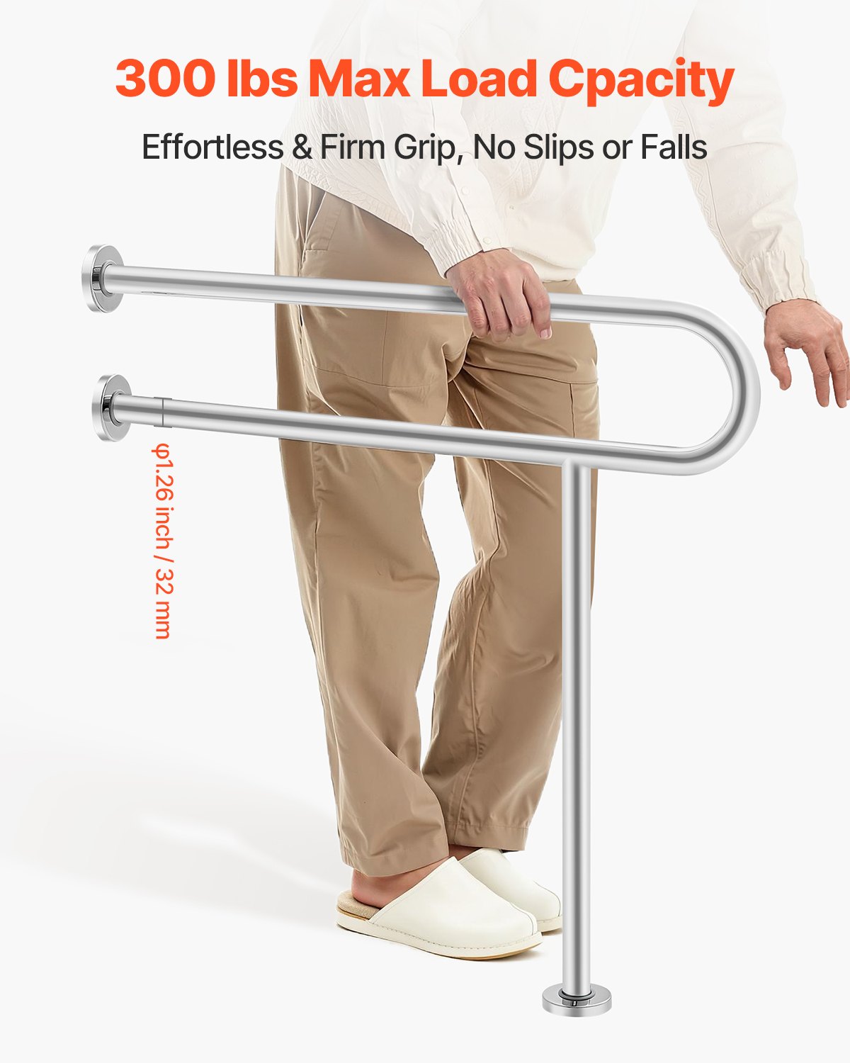 VEVOR Toilet Safety Rail with Leg 31.5In 300lb Capacity Stainless Steel Grab Bar