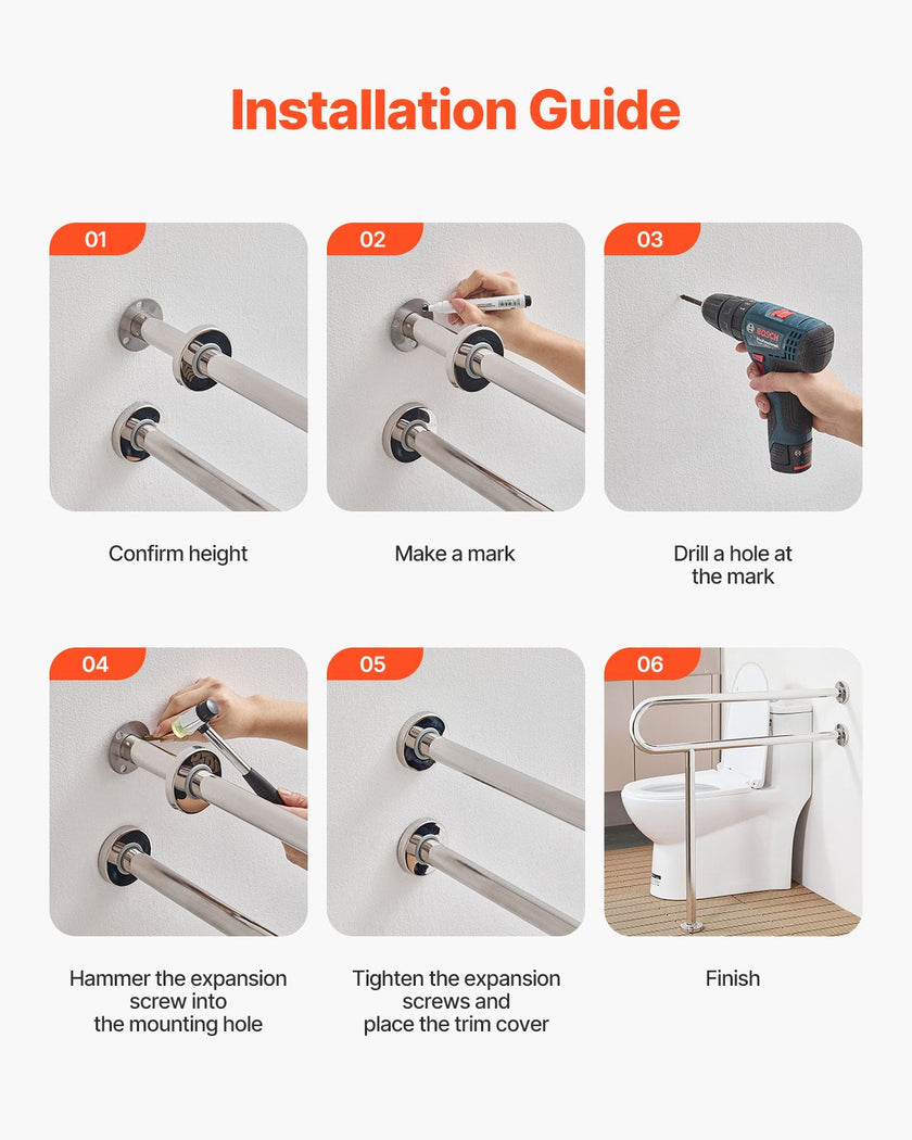 VEVOR Toilet Safety Rail with Leg 31.5In 300lb Capacity Stainless Steel Grab Bar