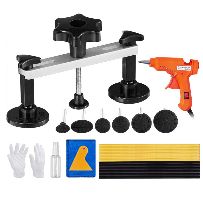 VEVOR 25 PCS Dent Removal Kit, Paintless Dent Repair Kit with Bridge Puller and Puller Tabs, Auto Dent Puller Kit with Hot Glue Gun, Glue Sticks for Auto Body Dents, and Other Metal Surface Dents