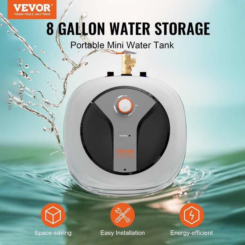 VEVOR Electric Mini-Tank Water Heater 8-Gallon Tank, 1440W Hot Water Boiler Storage, Safety Temperature Pressure Valve Easy Install, for Kichen Bathroom Restaurant, Shelf Wall Floor Mounted