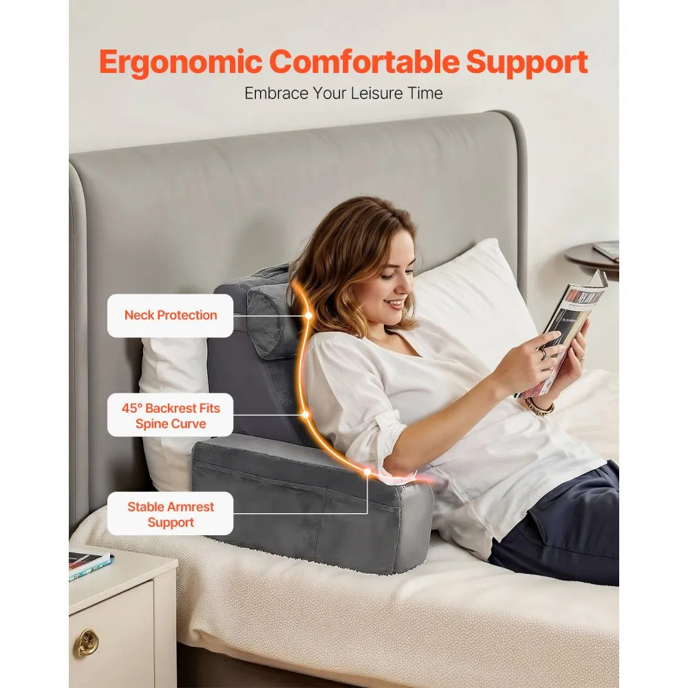 VEVOR Reading Pillow Backrest Support Pillow with Removable & 3 Pockets Headrest