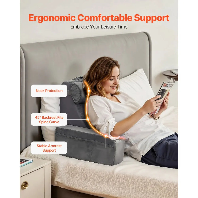 VEVOR Reading Pillow Backrest Support Pillow with Removable & 3 Pockets Headrest