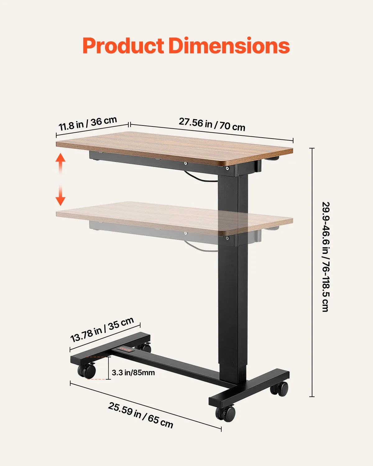 VEVOR Overbed Table Mobile Bed Side Desk with Electric Lifting & 4 Wheels Wood