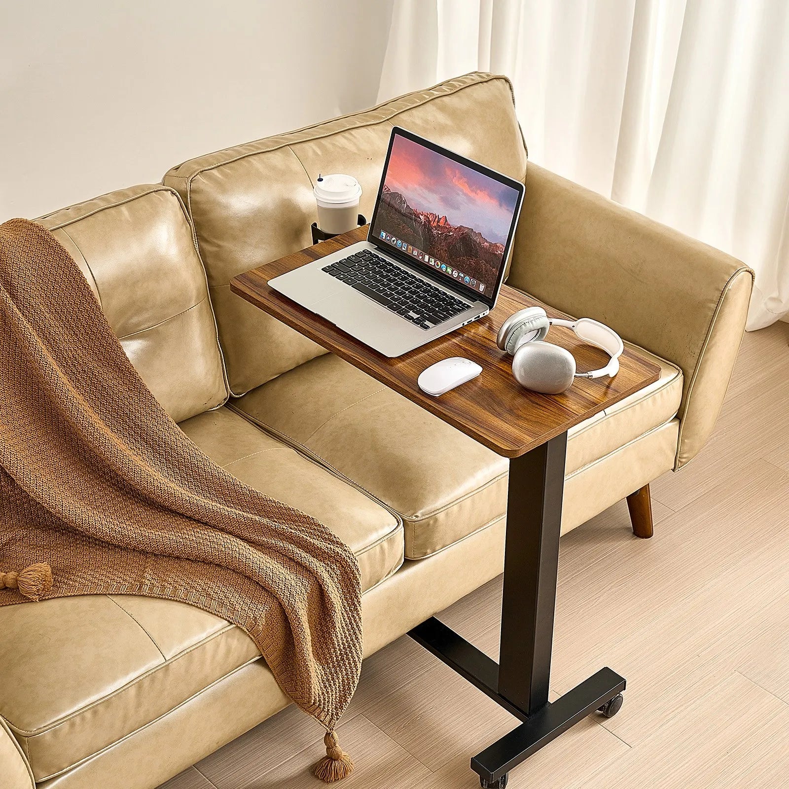 VEVOR Overbed Table Mobile Bed Side Desk with Electric Lifting & 4 Wheels Wood