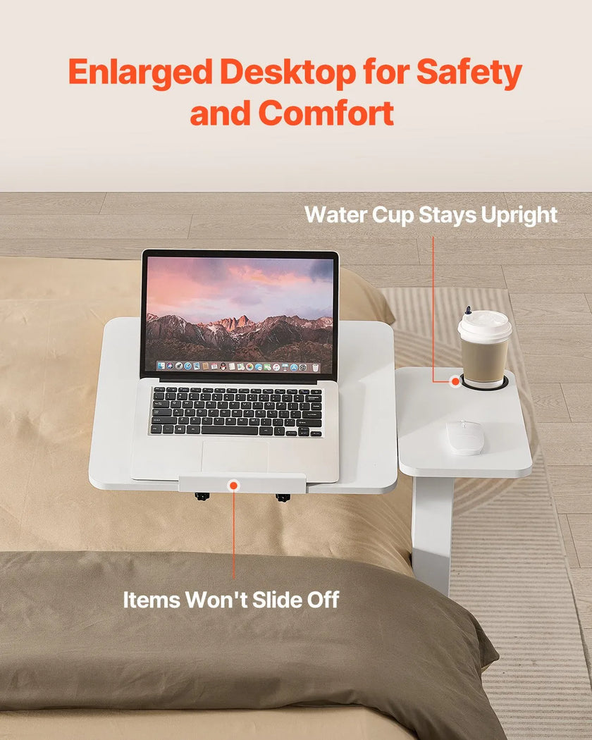 VEVOR Overbed Table Bed Side Desk with Flip Desktop Wheels & Cup Holder White