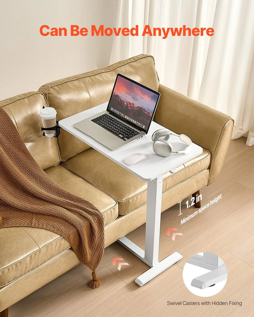 VEVOR Overbed Table Mobile Bed Side Desk with 4 Hidden Wheels Cup Holder White