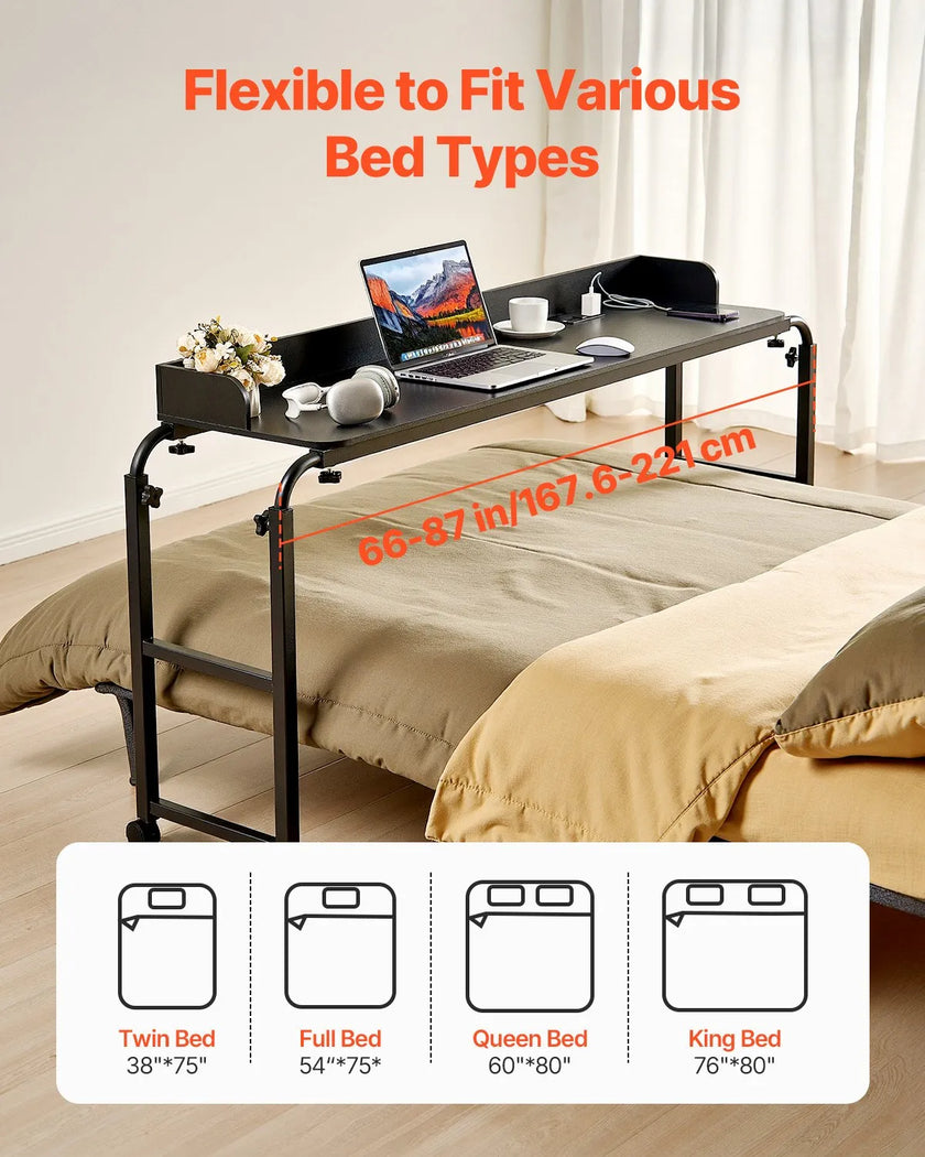 VEVOR Overbed Table Mobile Bed Side Desk 4 Wheels (2 with Brakes) & Power Socket