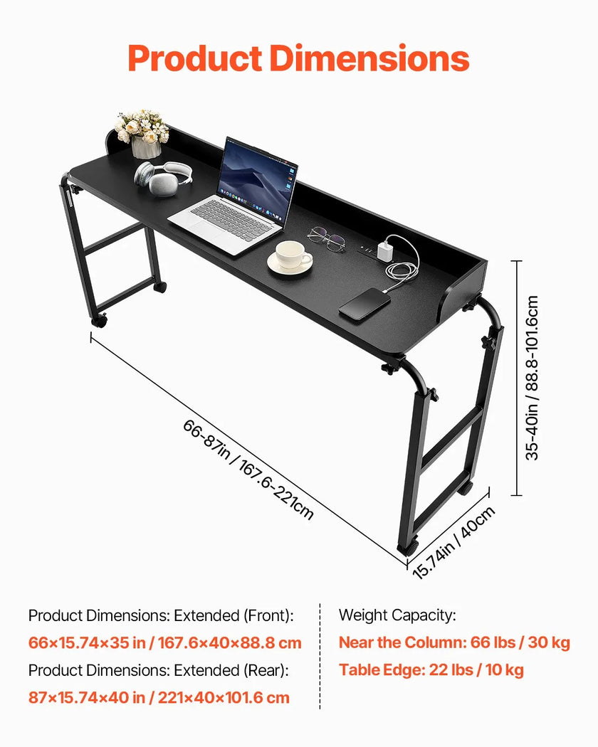 VEVOR Overbed Table Mobile Bed Side Desk 4 Wheels (2 with Brakes) & Power Socket