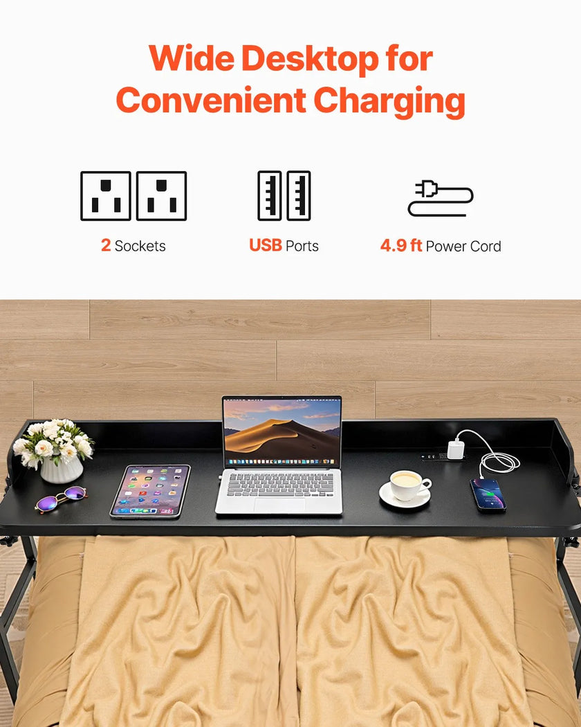 VEVOR Overbed Table Mobile Bed Side Desk 4 Wheels (2 with Brakes) & Power Socket