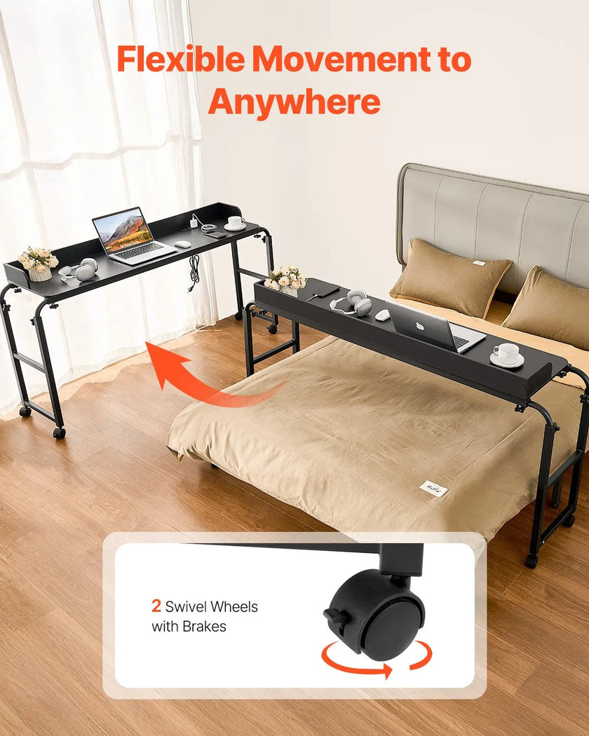 VEVOR Overbed Table Mobile Bed Side Desk 4 Wheels (2 with Brakes) & Power Socket