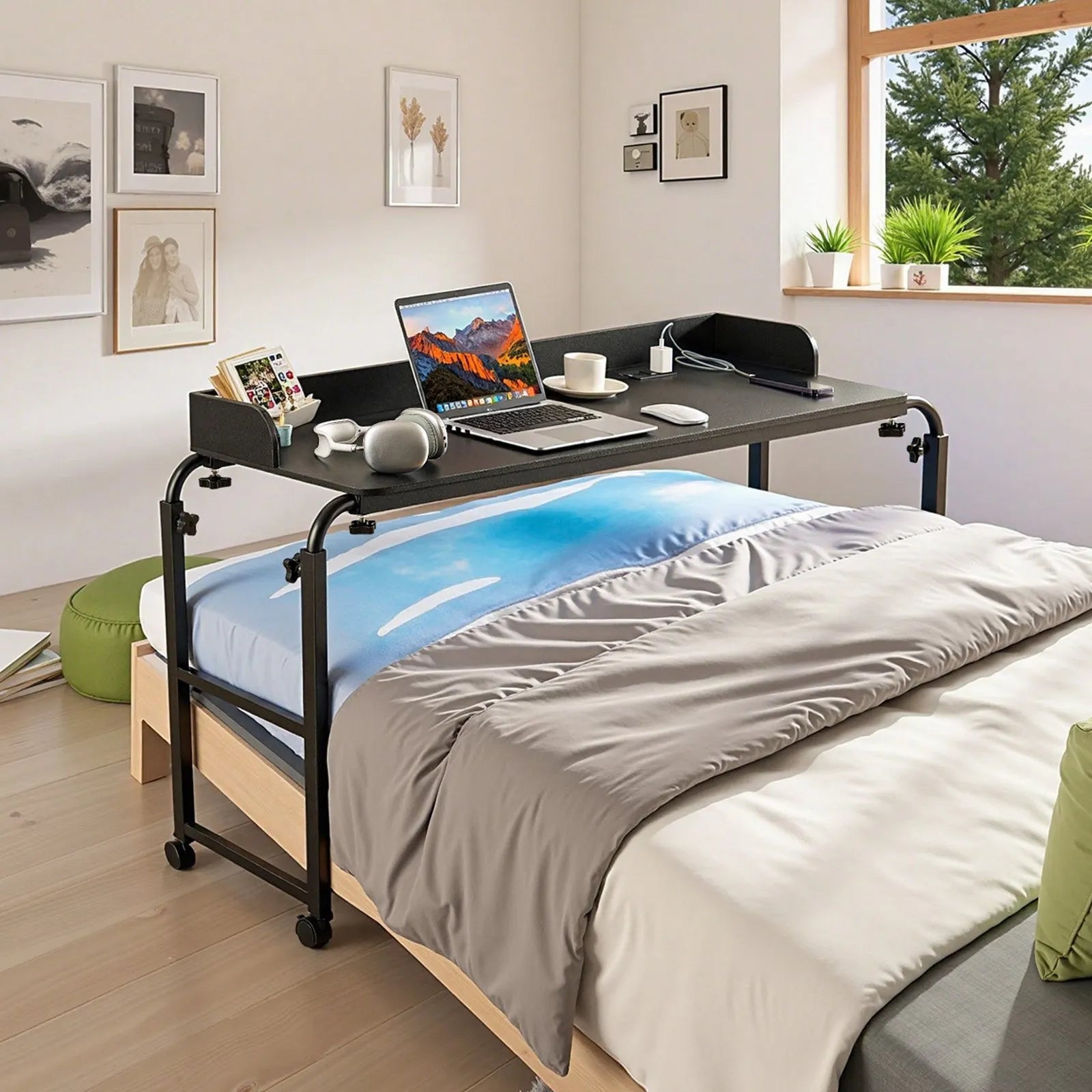 VEVOR Overbed Table Mobile Bed Side Desk 4 Wheels (2 with Brakes) & Power Socket