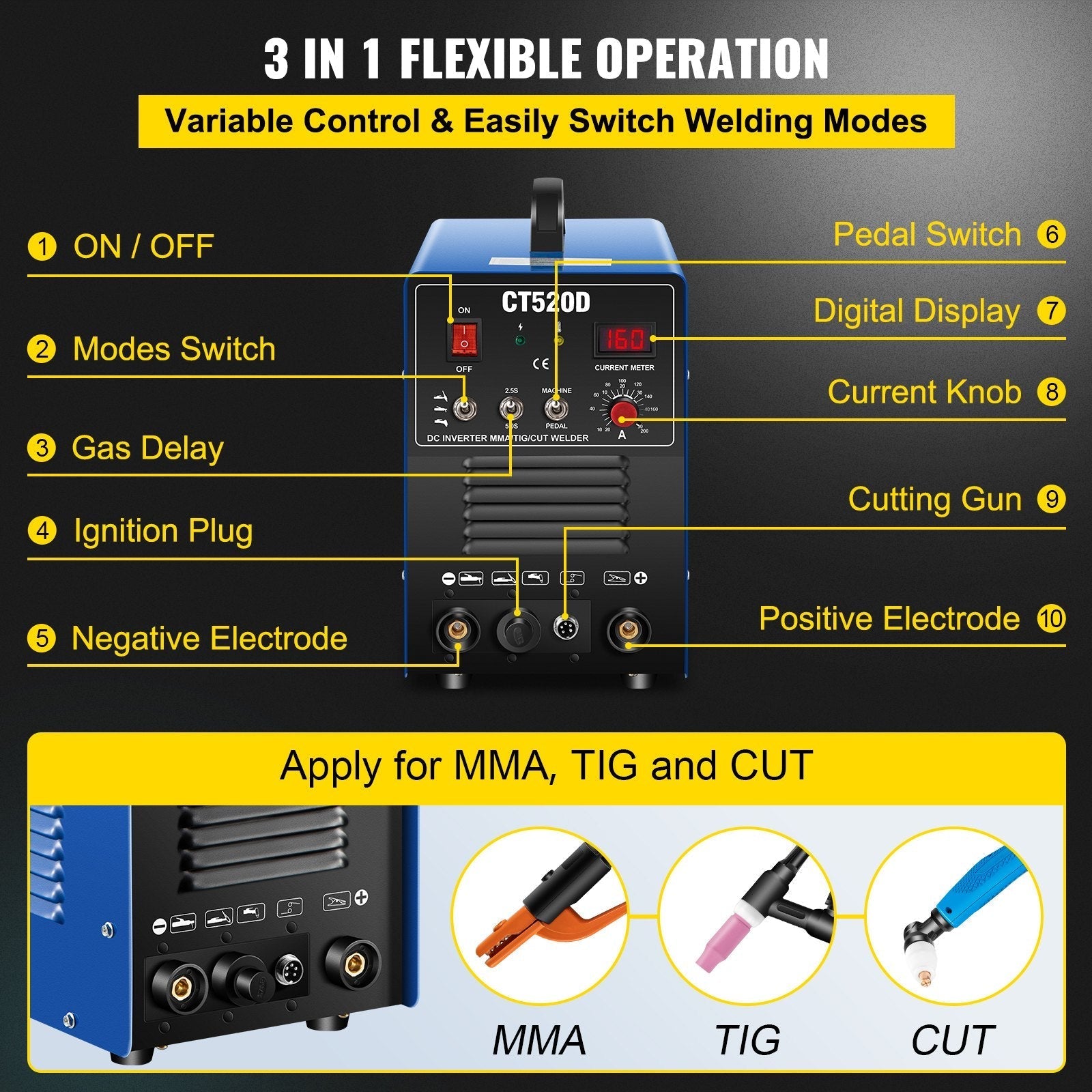 VEVOR TIG/MMA Plasma Cutter CT520D 3 in 1 Combo Welding Machine Tig Welder 200A Arc Welder 200A Plasma Cutter 50A Plasma Cutting Machine Dual Voltage 110 220V
