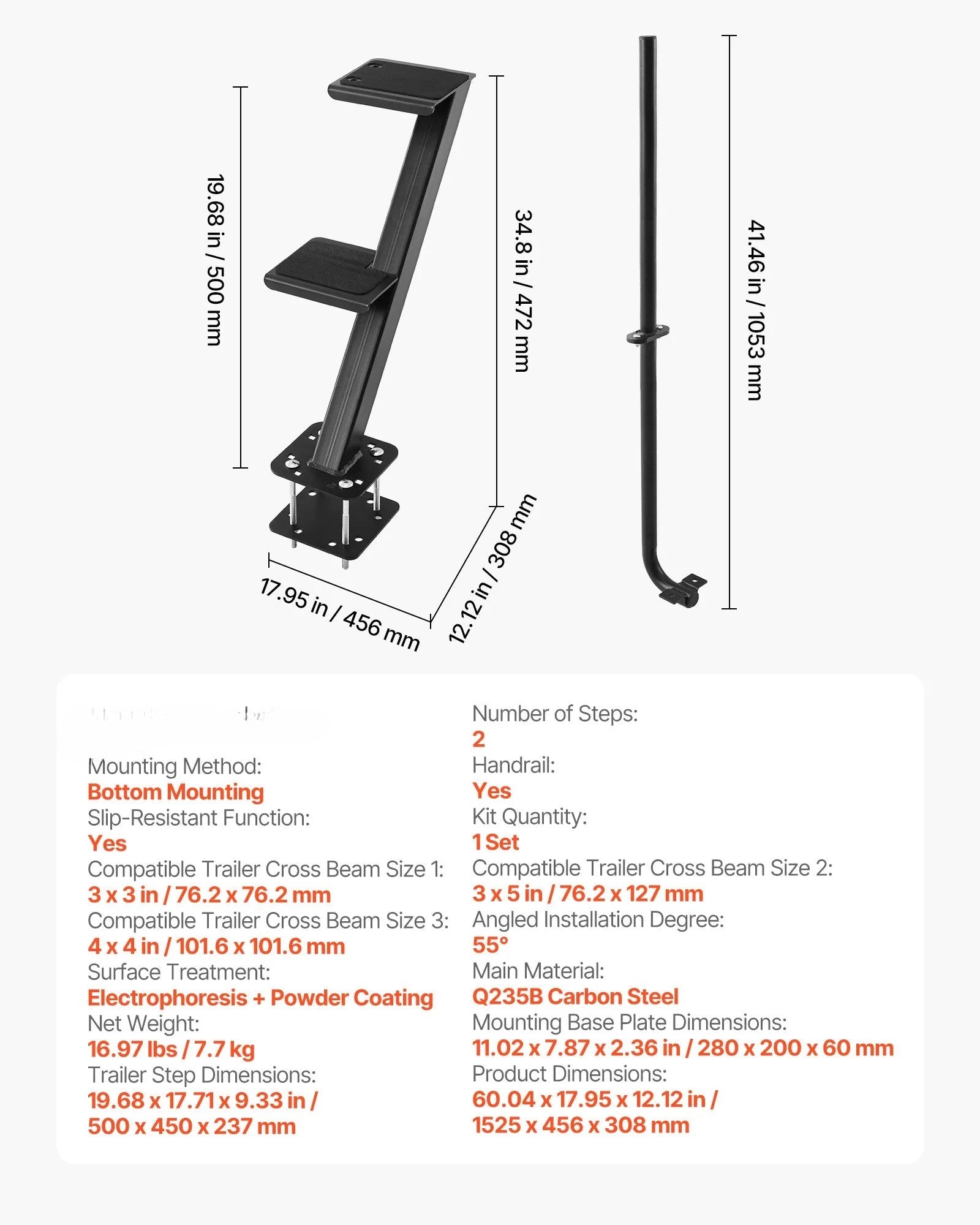 VEVOR 2-Step Heavy-Duty Boat Trailer Steps with Handrail and Non-Slip Surface