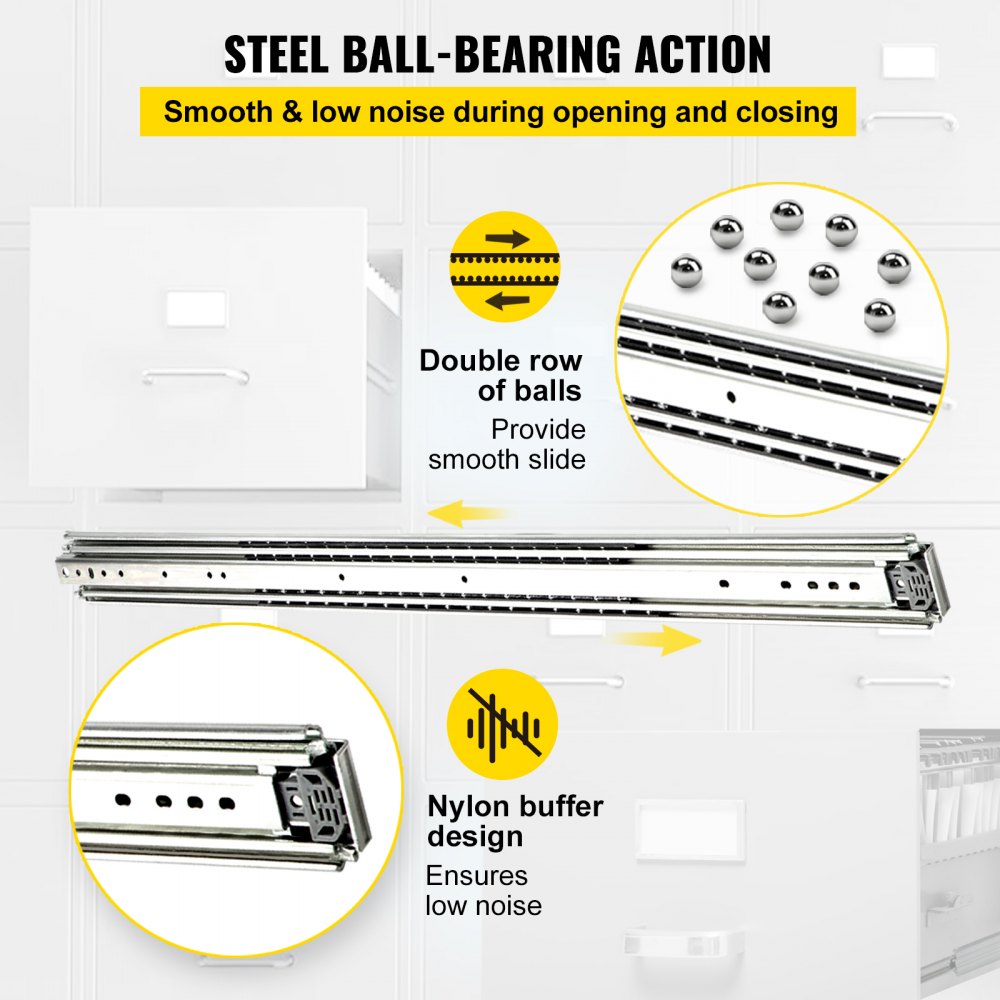 VEVOR Drawer Slides, 1 Pair 36 Inch Soft Close Drawer Slides, Ball Bearing Side Mount Drawer Hardware Slides, 500 LBS Load Capacity 3-Section Full Extension Drawer Slides for Smooth Slide, Less Noise