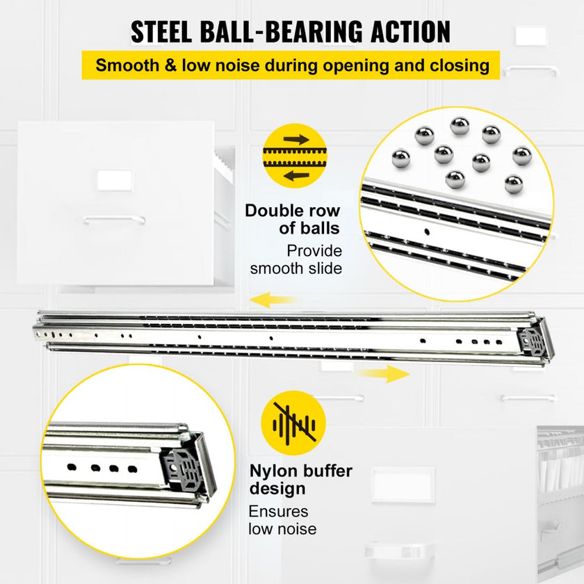 VEVOR Drawer Slides, 1 Pair 36 Inch Soft Close Drawer Slides, Ball Bearing Side Mount Drawer Hardware Slides, 500 LBS Load Capacity 3-Section Full Extension Drawer Slides for Smooth Slide, Less Noise