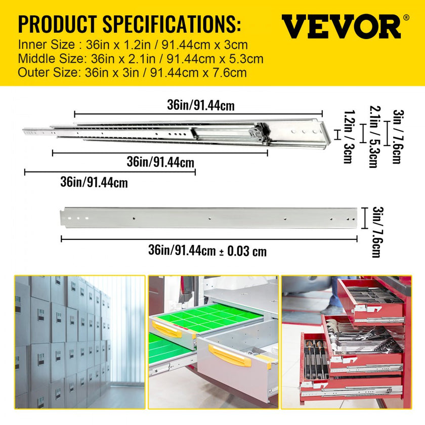 VEVOR Drawer Slides, 1 Pair 36 Inch Soft Close Drawer Slides, Ball Bearing Side Mount Drawer Hardware Slides, 500 LBS Load Capacity 3-Section Full Extension Drawer Slides for Smooth Slide, Less Noise