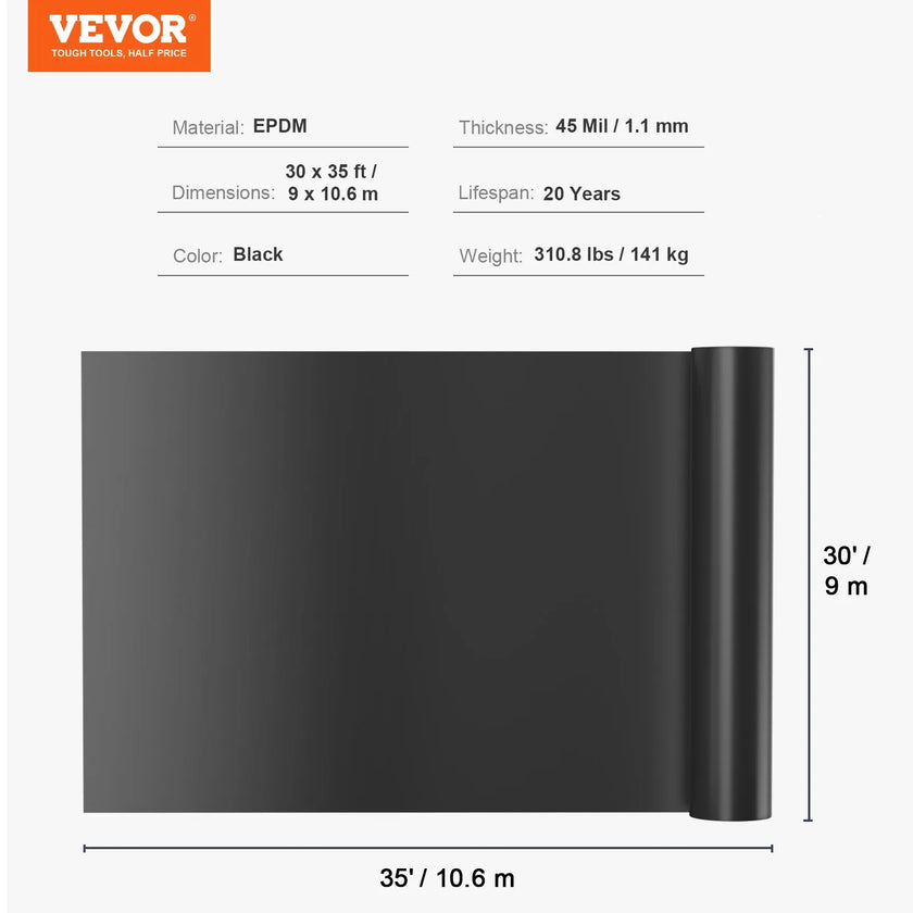 VEVOR Pond Liner, 30 x 35 ft 45 Mil Thickness, Pliable EPDM Material Pond Skins, Easy Cutting Underlayment for Fish or Koi Ponds, Water Features, Waterfall Base, Fountains, Water Gardens, Black