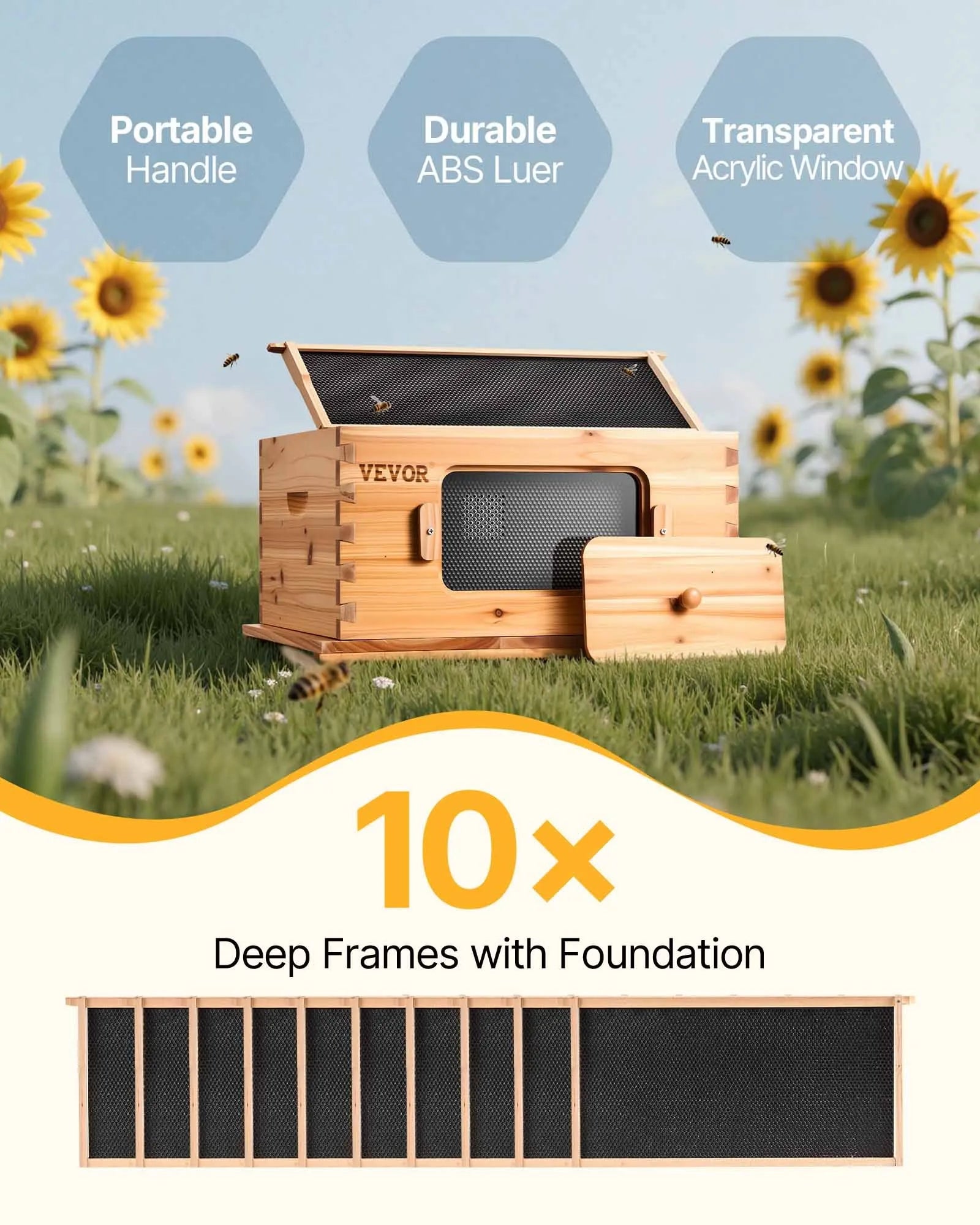 VEVOR Bee Hive Deep Box Starter Kit, 100% Beeswax Coated Natural Cedar Wood, Langstroth Beehive Kit with 10 Frames and Foundations, Transparent Acrylic Bee Windows for Beginners and Pro Beekeepers