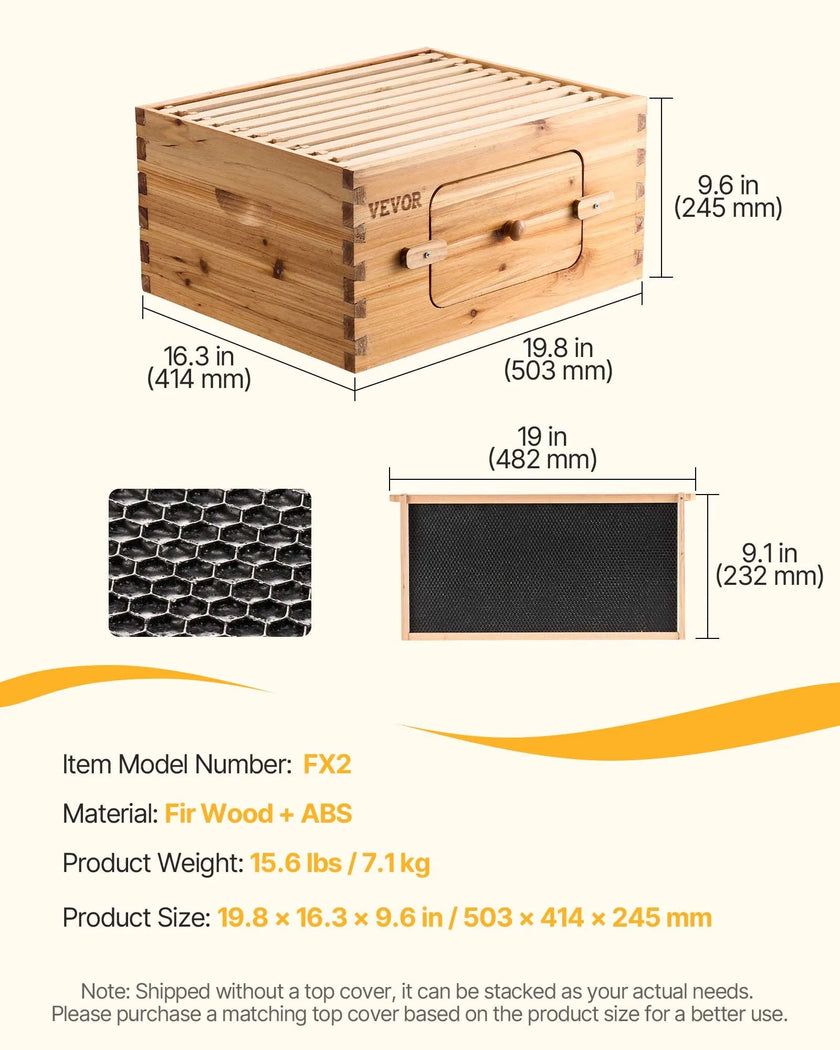 VEVOR Bee Hive Deep Box Starter Kit, 100% Beeswax Coated Natural Cedar Wood, Langstroth Beehive Kit with 10 Frames and Foundations, Transparent Acrylic Bee Windows for Beginners and Pro Beekeepers