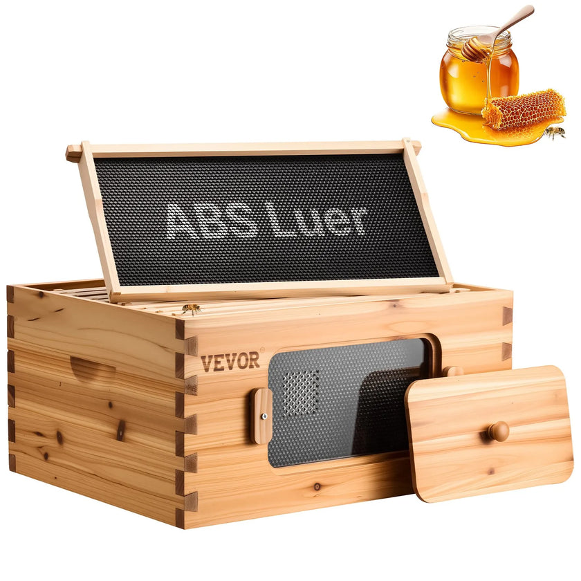 VEVOR Bee Hive Deep Box Starter Kit, 100% Beeswax Coated Natural Cedar Wood, Langstroth Beehive Kit with 10 Frames and Foundations, Transparent Acrylic Bee Windows for Beginners and Pro Beekeepers