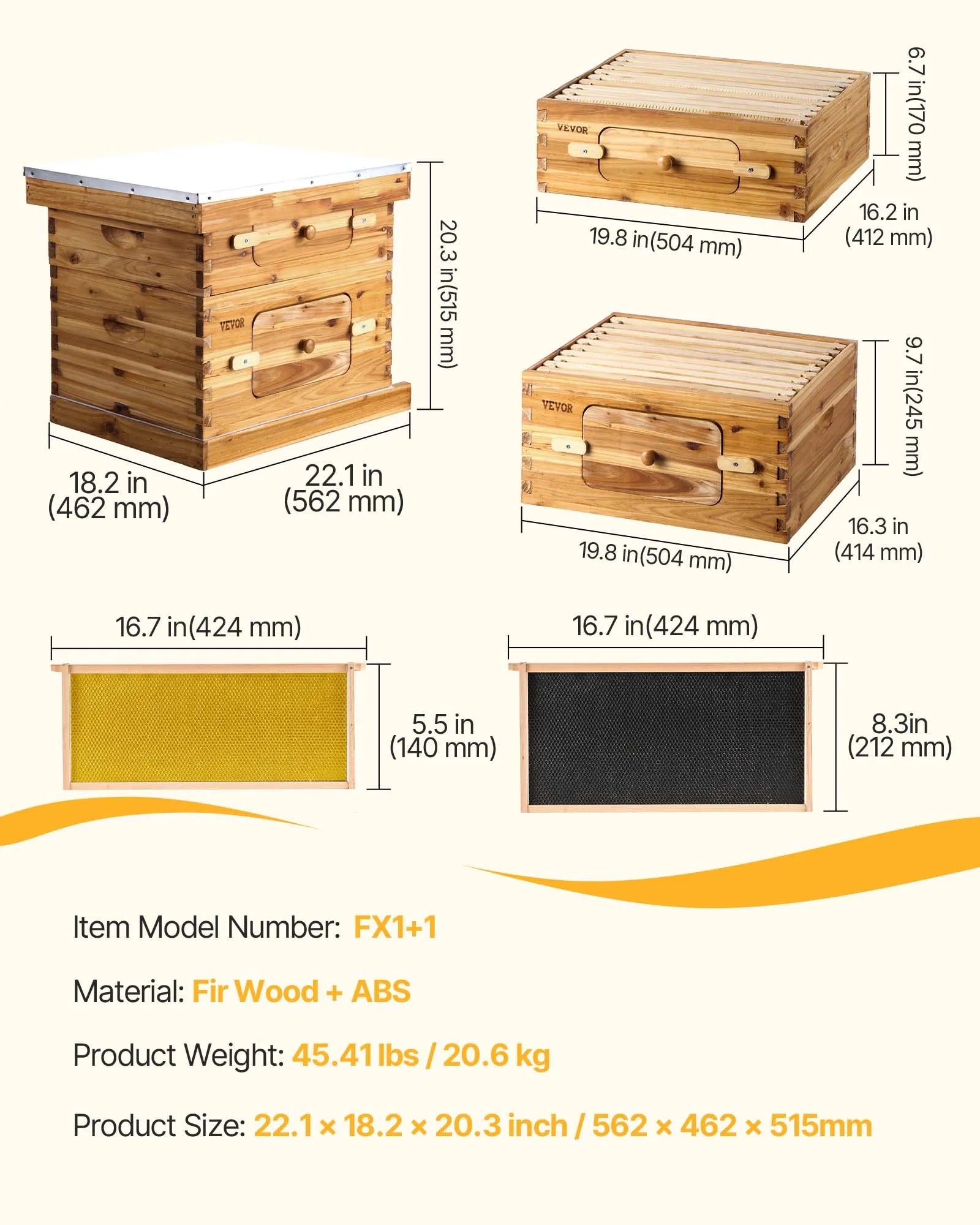 VEVOR Bee Hive 20 Frame Bee Hives Starter Kit, Beeswax Coated Cedar Wood, 1 Deep + 1 Medium Bee Boxes Langstroth Beehive Kit, Transparent Acrylic Windows with Foundations for Beginners Pro Beekeepers