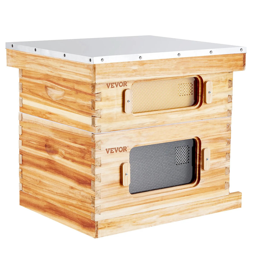 VEVOR Bee Hive 20 Frame Bee Hives Starter Kit, Beeswax Coated Cedar Wood, 1 Deep + 1 Medium Bee Boxes Langstroth Beehive Kit, Transparent Acrylic Windows with Foundations for Beginners Pro Beekeepers