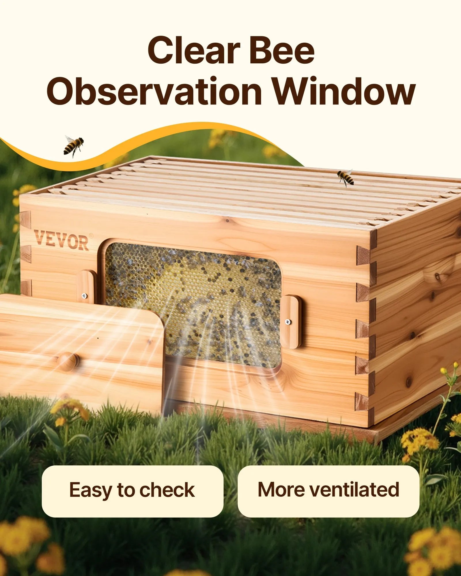 VEVOR Bee Hive 40 Frame Bee Hives Starter Kit, Beeswax Coated Cedar Wood, 2 Deep + 2 Medium Bee Boxes Langstroth Beehive Kit, Transparent Acrylic Windows with Foundations for Beginners Pro Beekeepers