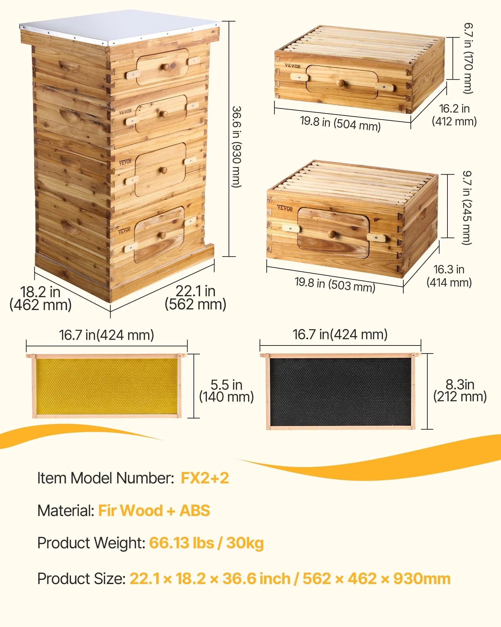 VEVOR Bee Hive 40 Frame Bee Hives Starter Kit, Beeswax Coated Cedar Wood, 2 Deep + 2 Medium Bee Boxes Langstroth Beehive Kit, Transparent Acrylic Windows with Foundations for Beginners Pro Beekeepers