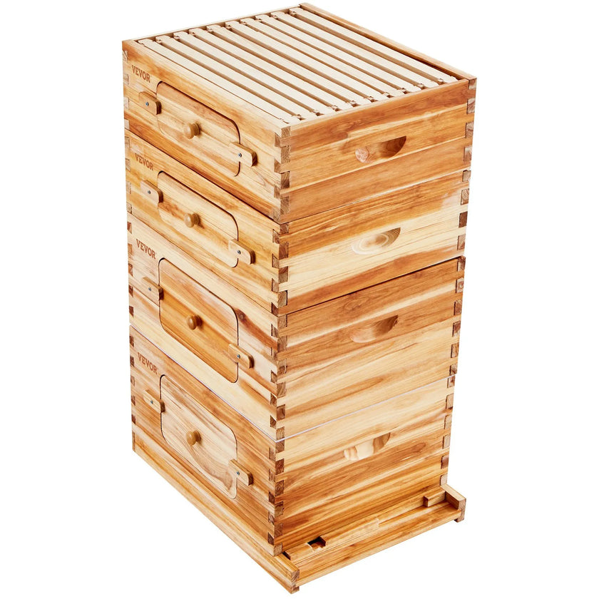 VEVOR Bee Hive 40 Frame Bee Hives Starter Kit, Beeswax Coated Cedar Wood, 2 Deep + 2 Medium Bee Boxes Langstroth Beehive Kit, Transparent Acrylic Windows with Foundations for Beginners Pro Beekeepers