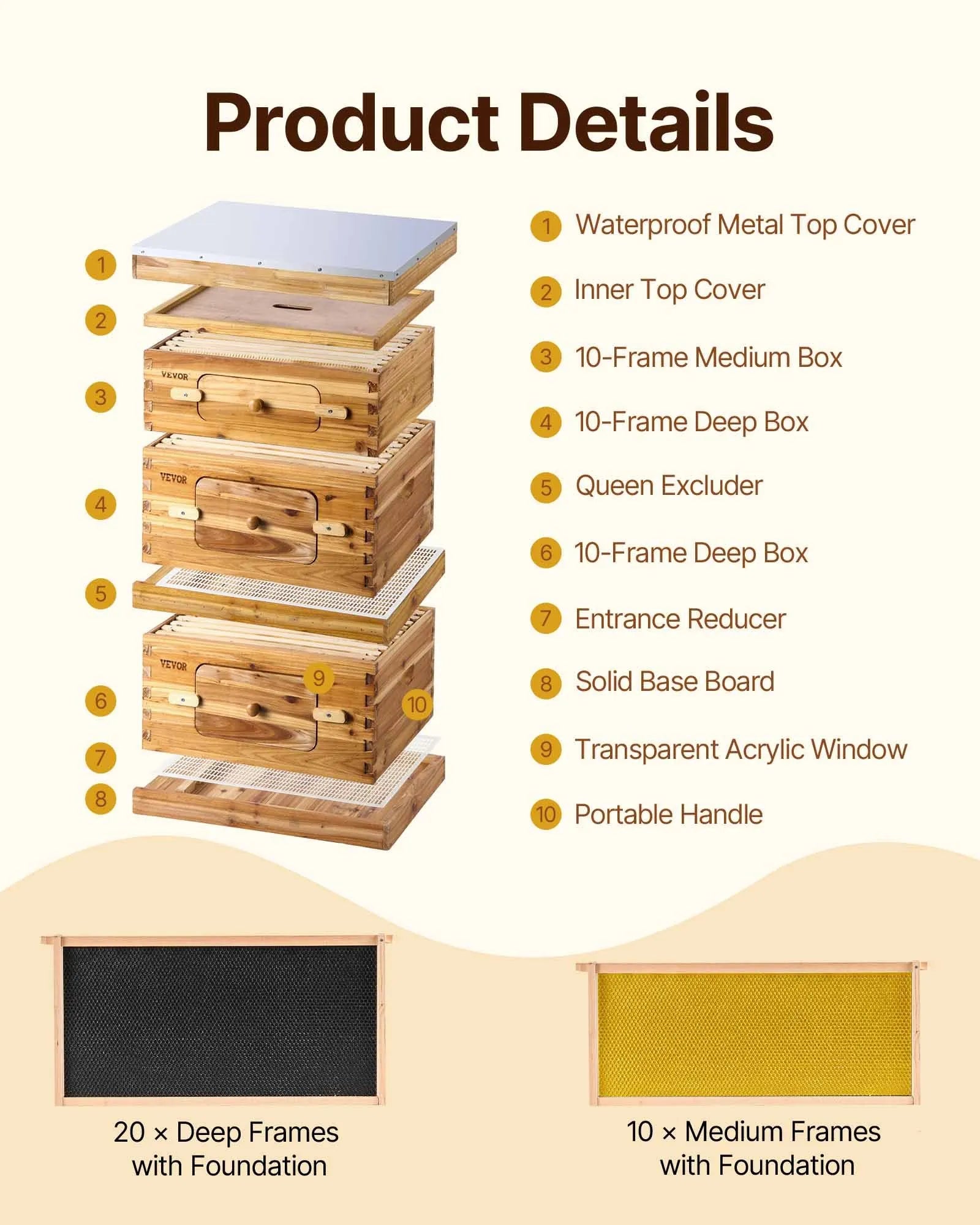 VEVOR Bee Hive 30 Frame Bee Hives Starter Kit, Beeswax Coated Fir Wood, 2 Deep + 1 Medium Bee Boxes Langstroth Beehive Kit, Transparent Acrylic Windows with Foundations for Beginners Pro Beekeepers