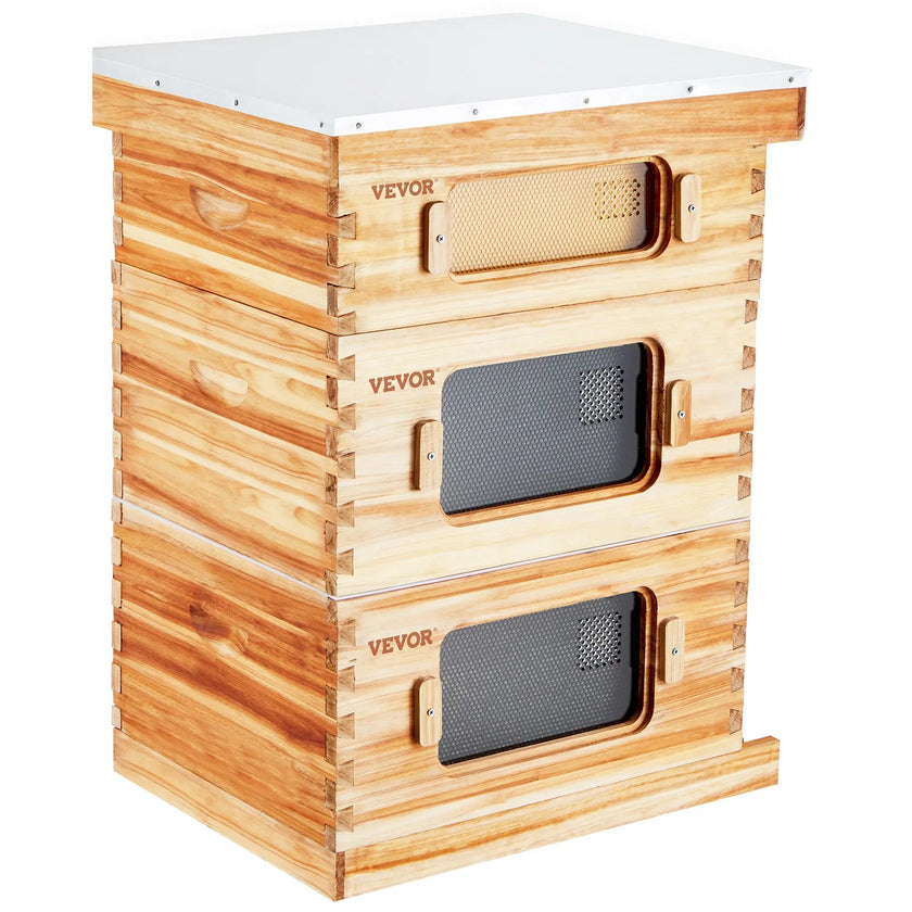 VEVOR Bee Hive 30 Frame Bee Hives Starter Kit, Beeswax Coated Fir Wood, 2 Deep + 1 Medium Bee Boxes Langstroth Beehive Kit, Transparent Acrylic Windows with Foundations for Beginners Pro Beekeepers