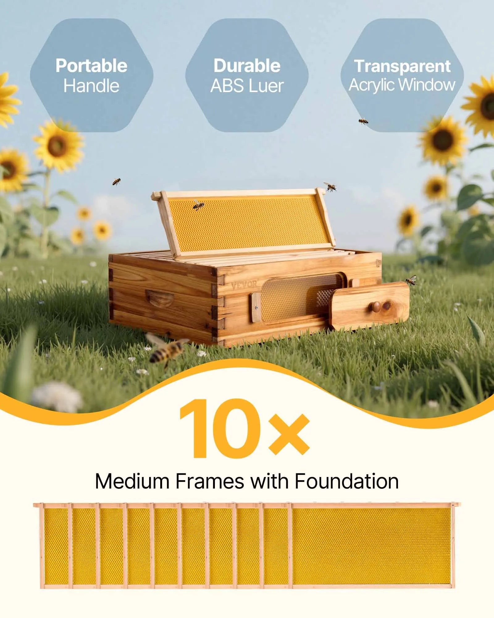 VEVOR Bee Hive Medium Box Starter Kit, 100% Beeswax Coated Natural Cedar Wood, Langstroth Beehive Kit with 10 Frames and Foundations, Transparent Acrylic Bee Windows for Beginners and Pro Beekeepers