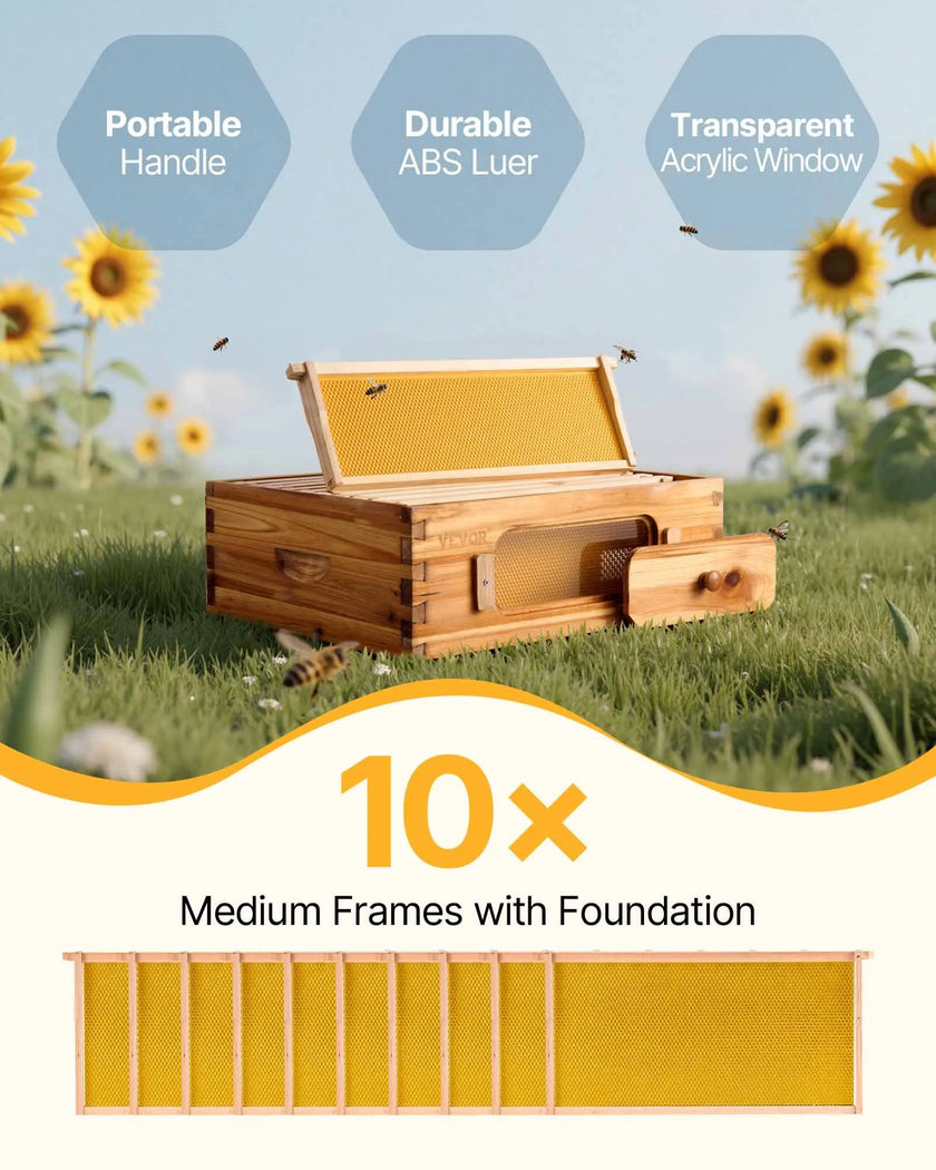 VEVOR Bee Hive Medium Box Starter Kit, 100% Beeswax Coated Natural Cedar Wood, Langstroth Beehive Kit with 10 Frames and Foundations, Transparent Acrylic Bee Windows for Beginners and Pro Beekeepers
