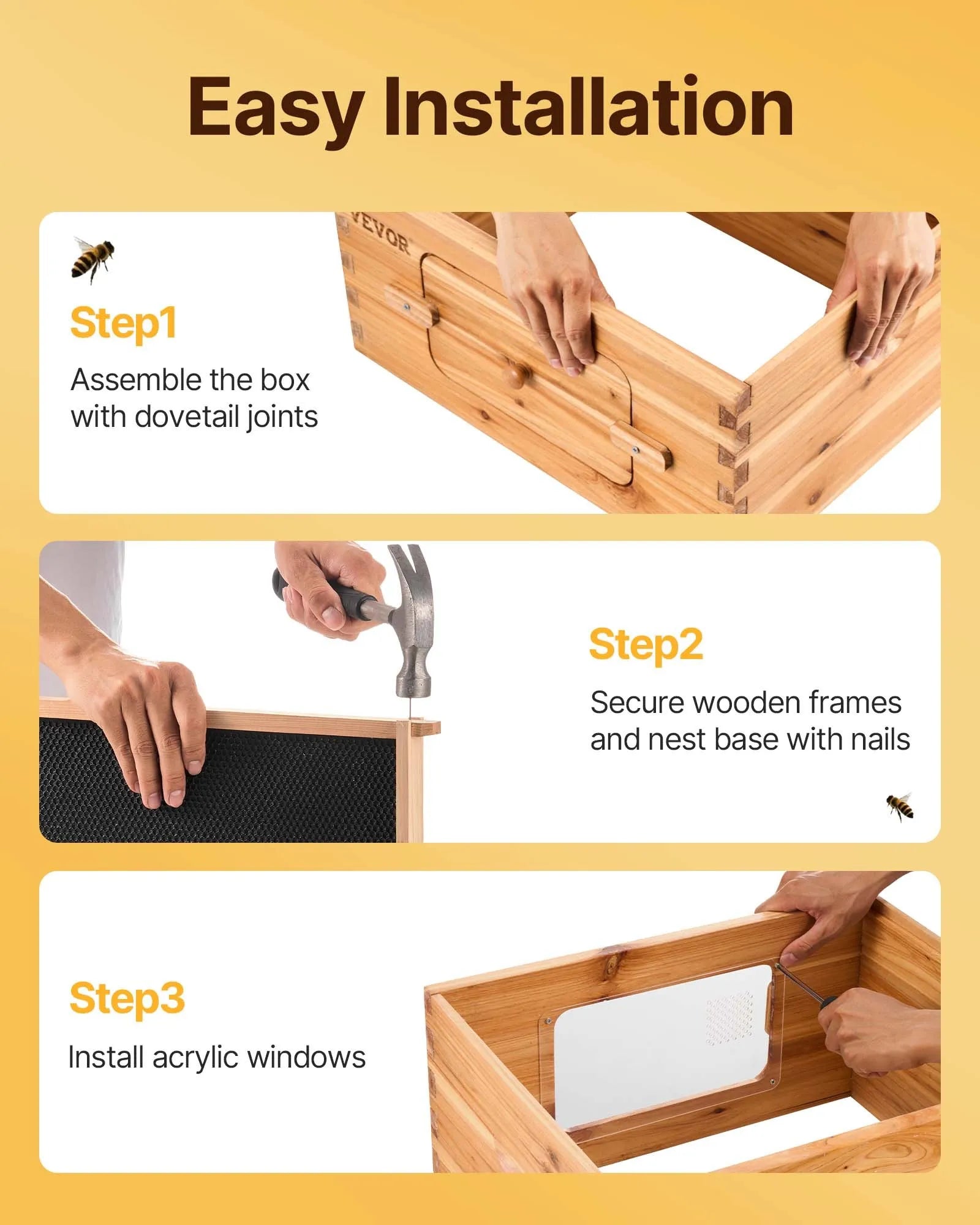 VEVOR Bee Hive Medium Box Starter Kit, 100% Beeswax Coated Natural Cedar Wood, Langstroth Beehive Kit with 10 Frames and Foundations, Transparent Acrylic Bee Windows for Beginners and Pro Beekeepers