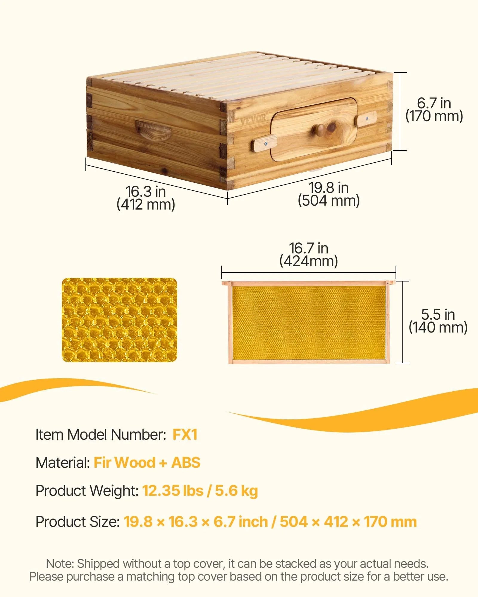 VEVOR Bee Hive Medium Box Starter Kit, 100% Beeswax Coated Natural Cedar Wood, Langstroth Beehive Kit with 10 Frames and Foundations, Transparent Acrylic Bee Windows for Beginners and Pro Beekeepers