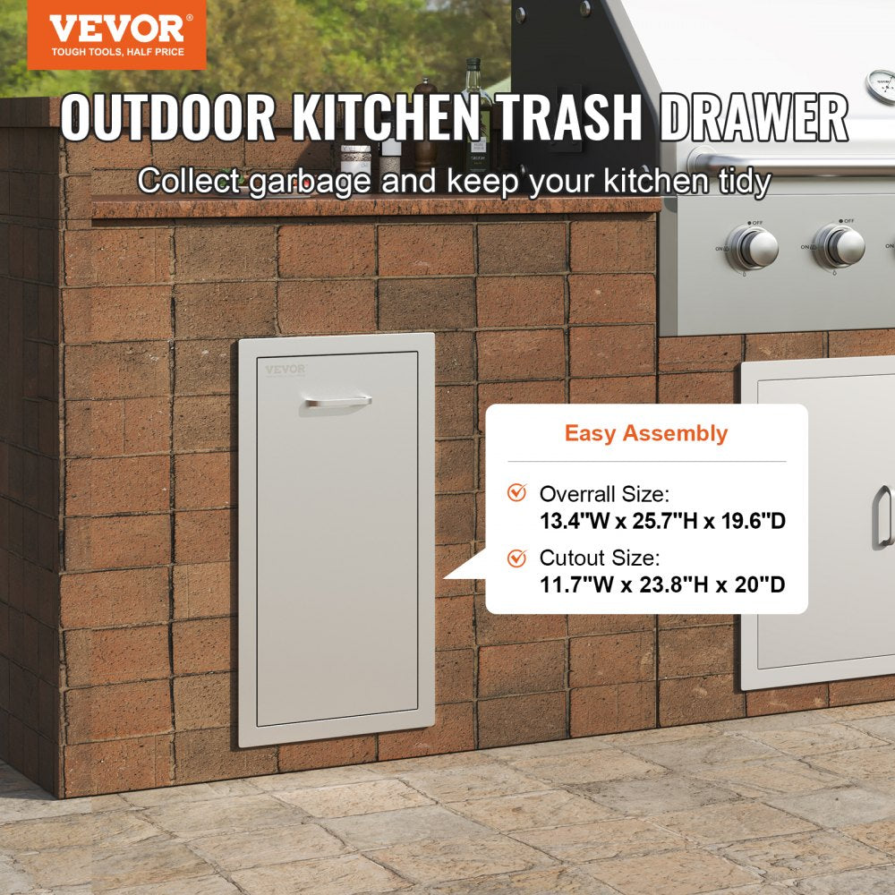 VEVOR Pull Out Trash Drawer 13.6Wx26H Inch Lower Sliding Rails Stainless Steel Trash Drawer with Pull-Out Tray and Handle for Outdoor Kitchen BBQ Island
