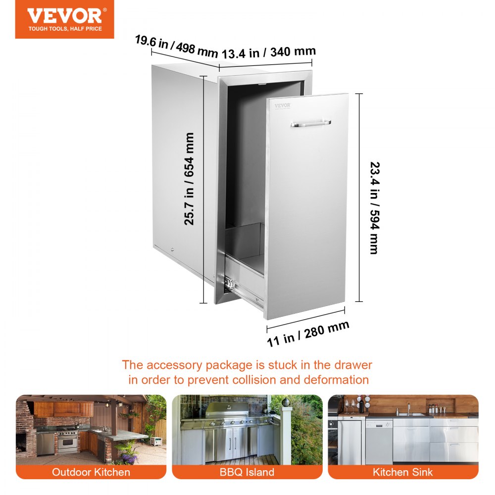 VEVOR Pull Out Trash Drawer 13.6Wx26H Inch Lower Sliding Rails Stainless Steel Trash Drawer with Pull-Out Tray and Handle for Outdoor Kitchen BBQ Island