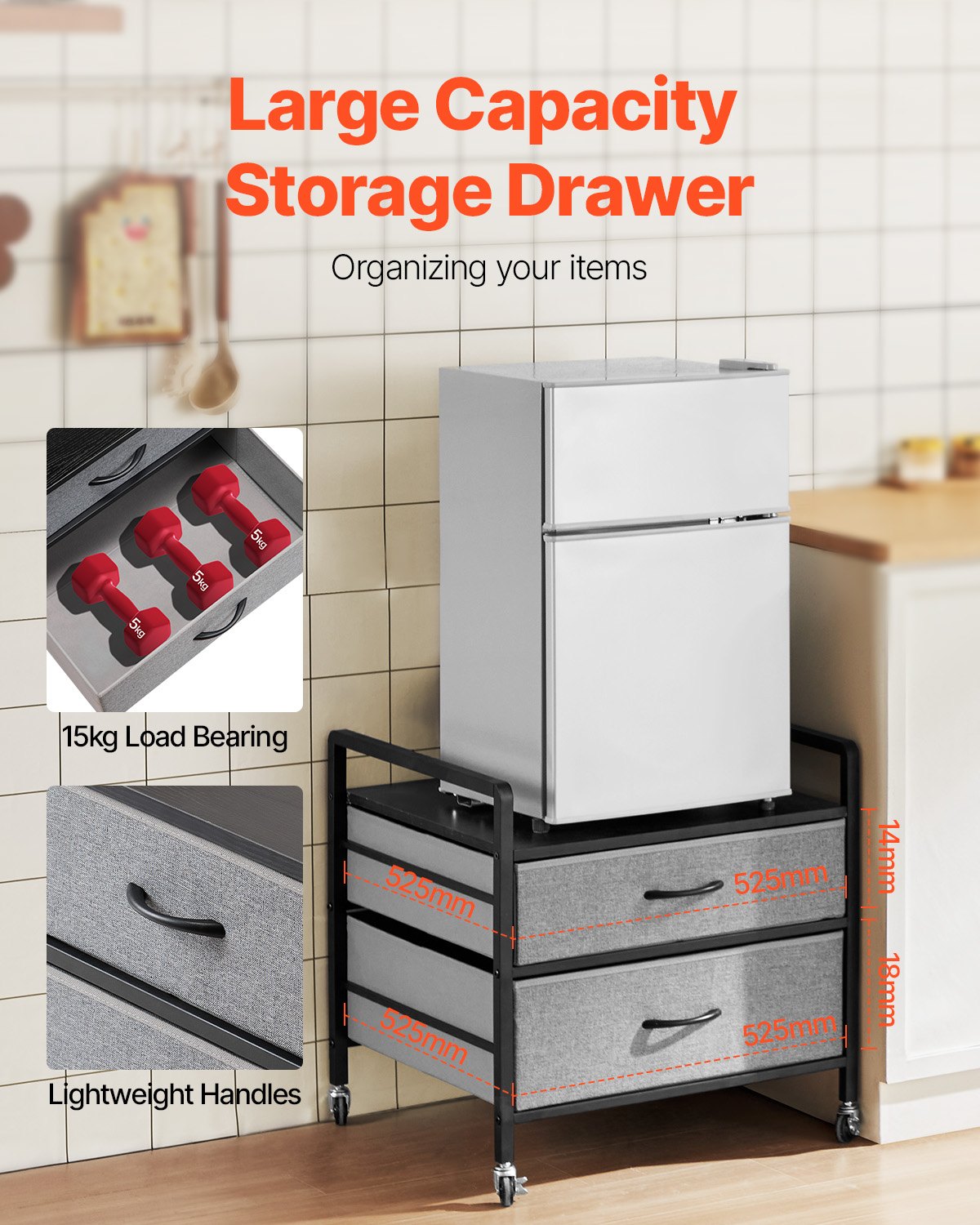 VEVOR Mini Fridge Stand with Storage 176 lbs Gray Mini Fridge Table 2 Drawers