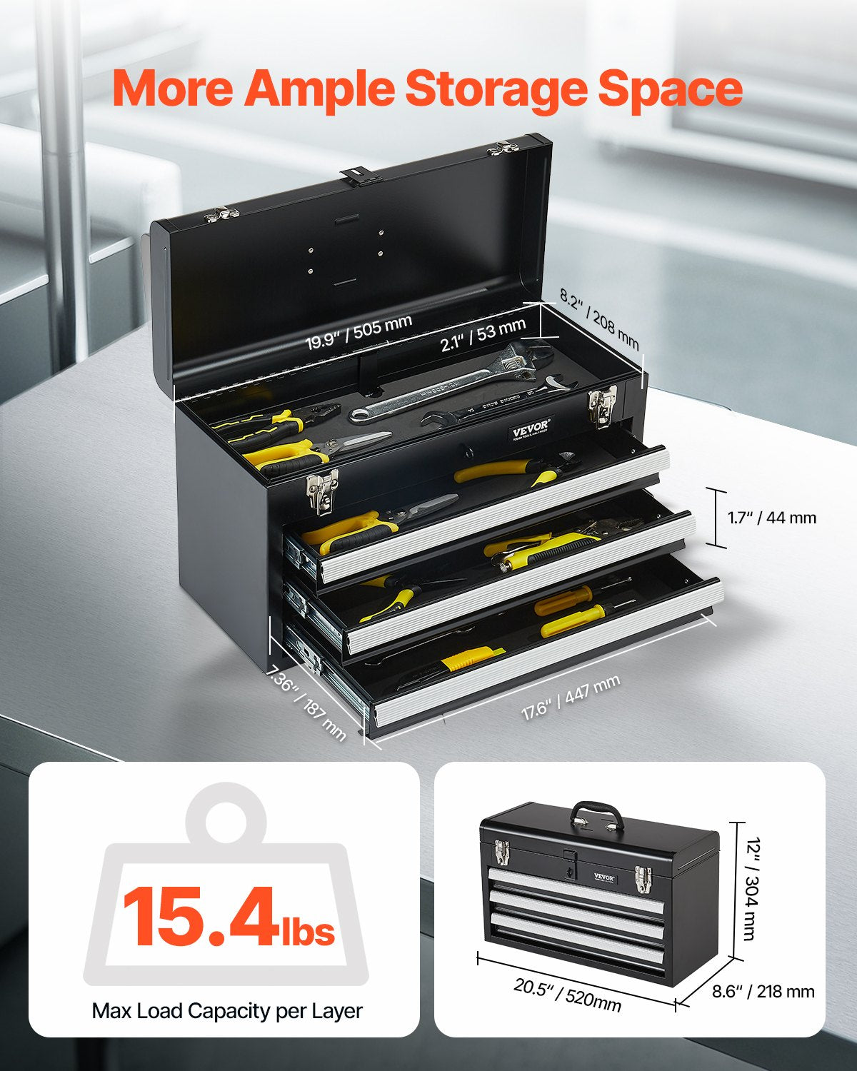 VEVOR Tool Box 20.5-inch Portable Metal Tool Box with 3 Drawers Tool Organizer